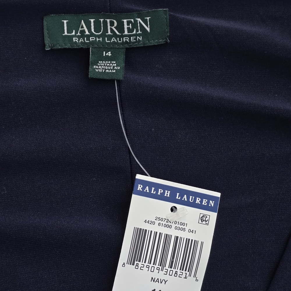 Lauren Ralph Lauren Navy Faux Wrap Ruffle Jersey Dress 14 NW #58 - Picture 10 of 11